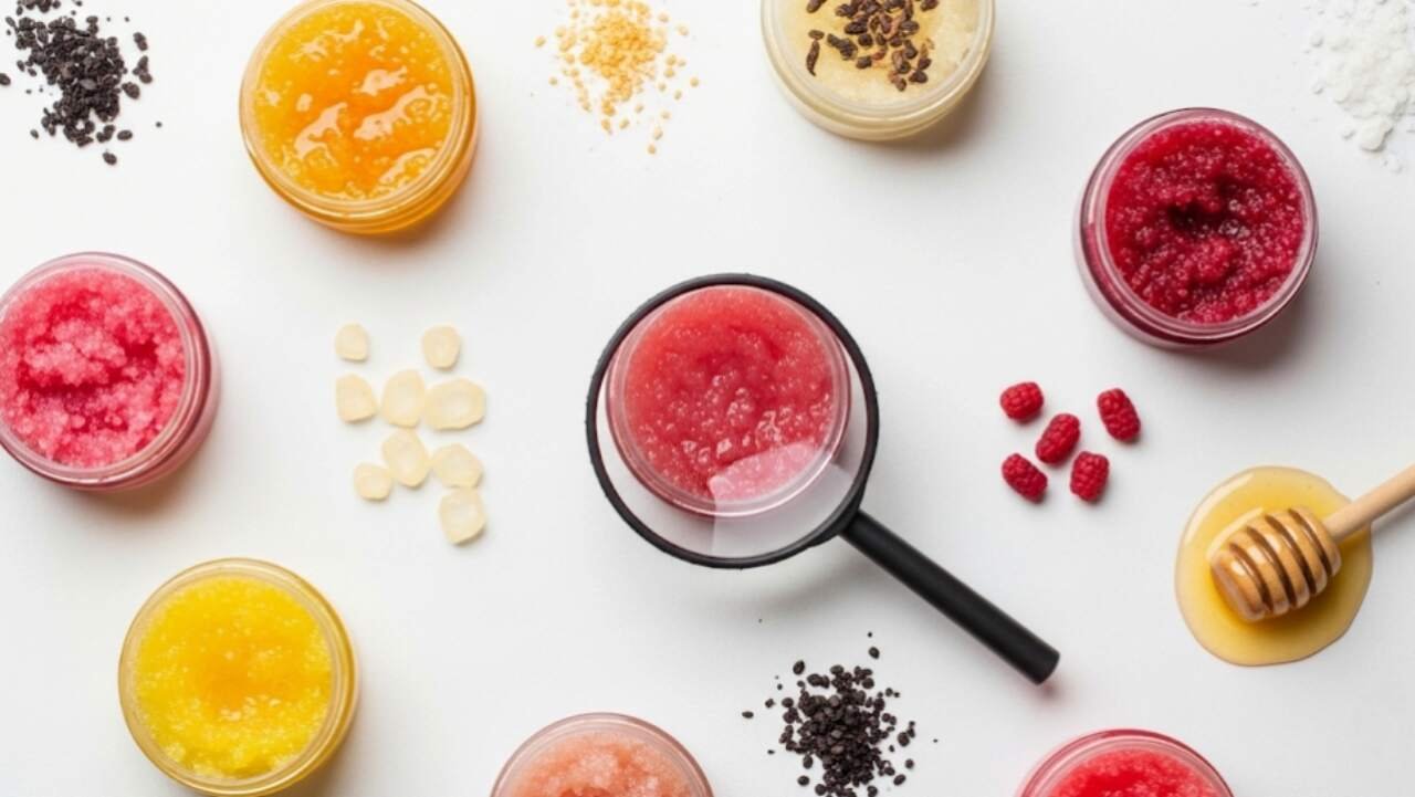 Berbagai jenis lip scrub dengan tekstur dan bahan yang berbeda, dengan kaca pembesar di atasnya, mengilustrasikan cara memilih lip scrub yang tepat