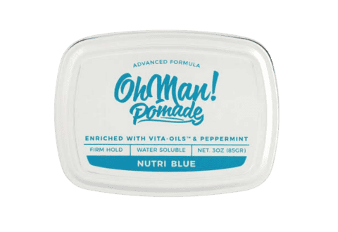 Tampilan produk pomade Oh Man! Nutri Blue Water Based dalam kemasan kalengnya